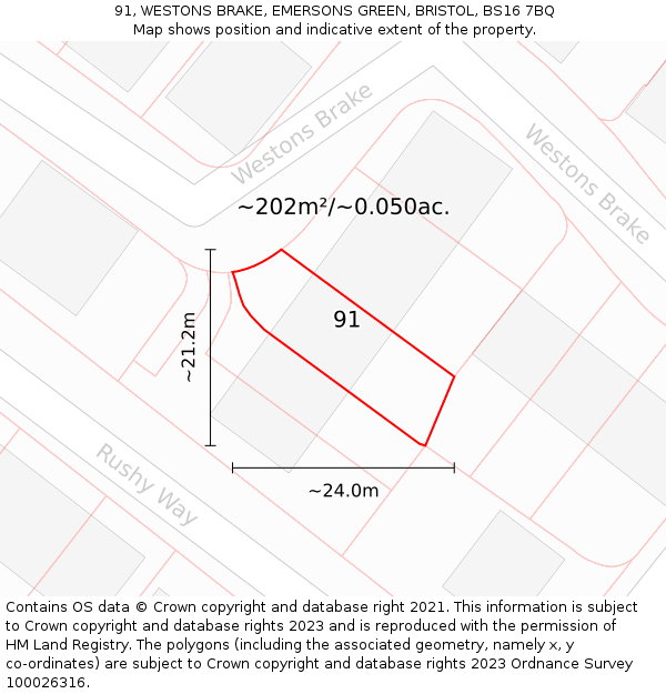 91, WESTONS BRAKE, EMERSONS GREEN, BRISTOL, BS16 7BQ: Plot and title map
