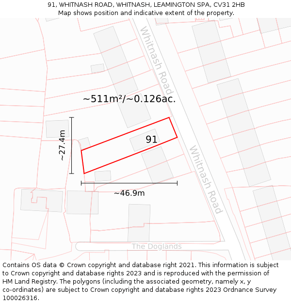 91, WHITNASH ROAD, WHITNASH, LEAMINGTON SPA, CV31 2HB: Plot and title map