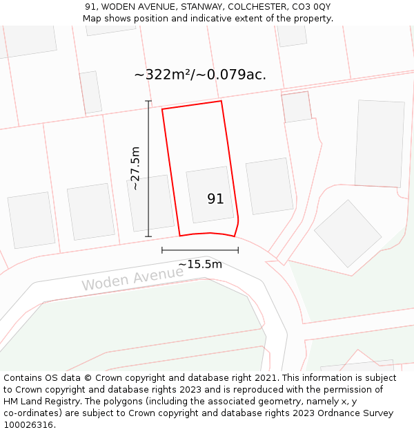 91, WODEN AVENUE, STANWAY, COLCHESTER, CO3 0QY: Plot and title map