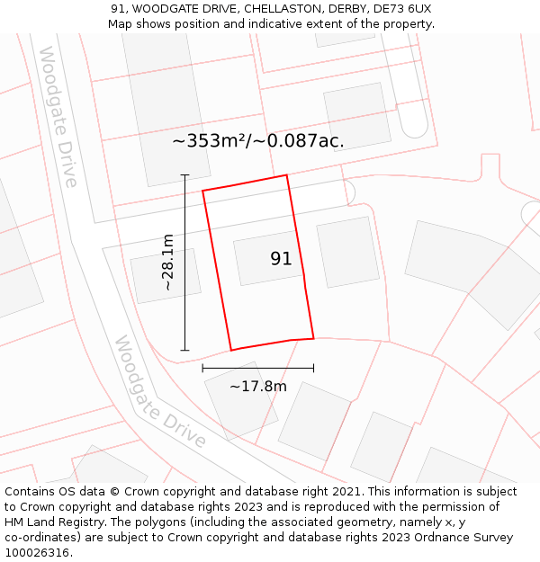 91, WOODGATE DRIVE, CHELLASTON, DERBY, DE73 6UX: Plot and title map