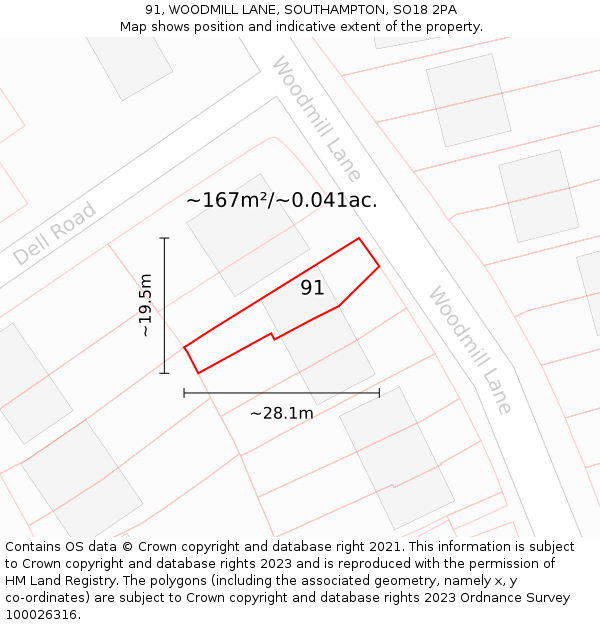91, WOODMILL LANE, SOUTHAMPTON, SO18 2PA: Plot and title map