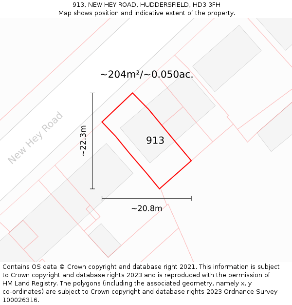 913, NEW HEY ROAD, HUDDERSFIELD, HD3 3FH: Plot and title map