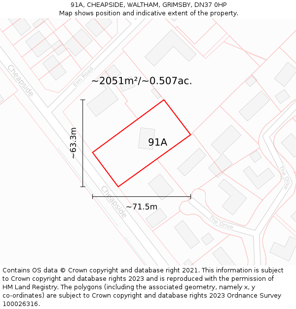 91A, CHEAPSIDE, WALTHAM, GRIMSBY, DN37 0HP: Plot and title map