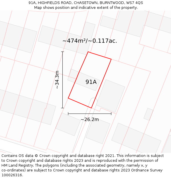 91A, HIGHFIELDS ROAD, CHASETOWN, BURNTWOOD, WS7 4QS: Plot and title map