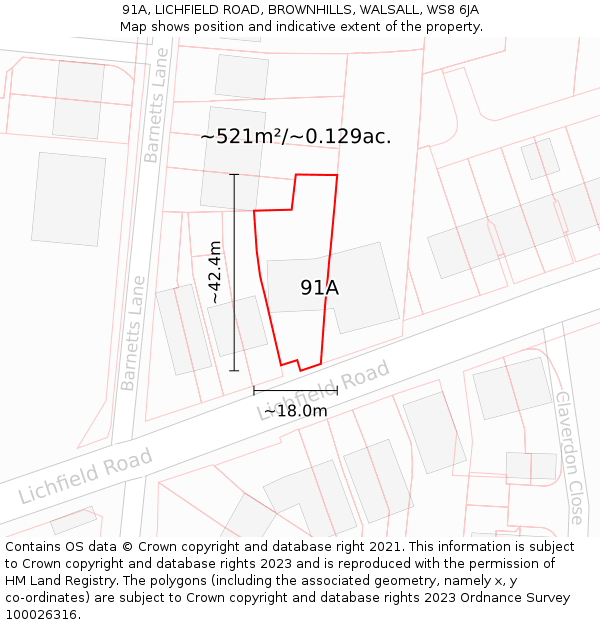 91A, LICHFIELD ROAD, BROWNHILLS, WALSALL, WS8 6JA: Plot and title map