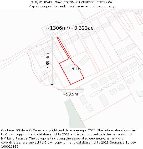 91B, WHITWELL WAY, COTON, CAMBRIDGE, CB23 7PW: Plot and title map
