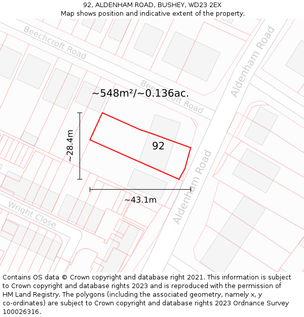 92, ALDENHAM ROAD, BUSHEY, WD23 2EX: Plot and title map