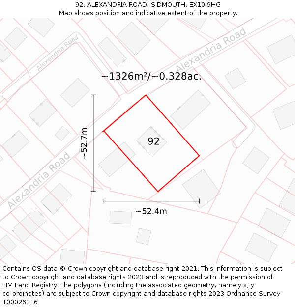 92, ALEXANDRIA ROAD, SIDMOUTH, EX10 9HG: Plot and title map