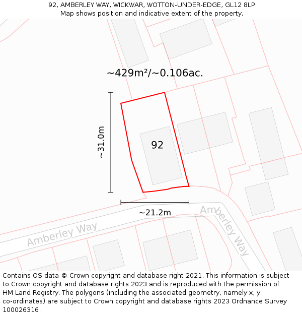92, AMBERLEY WAY, WICKWAR, WOTTON-UNDER-EDGE, GL12 8LP: Plot and title map
