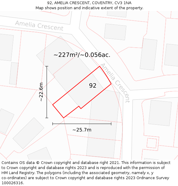 92, AMELIA CRESCENT, COVENTRY, CV3 1NA: Plot and title map