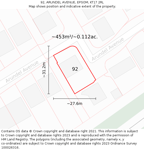 92, ARUNDEL AVENUE, EPSOM, KT17 2RL: Plot and title map