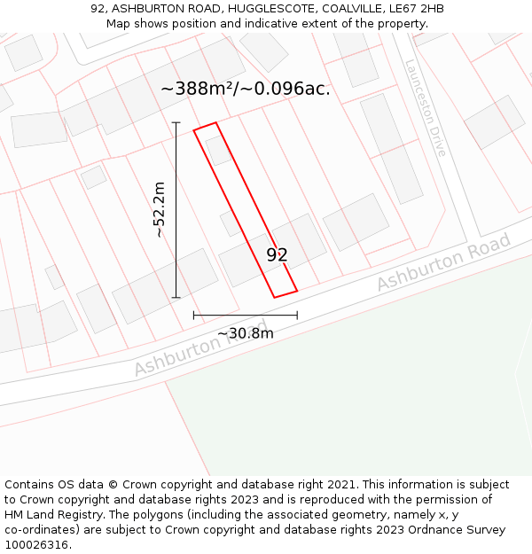 92, ASHBURTON ROAD, HUGGLESCOTE, COALVILLE, LE67 2HB: Plot and title map