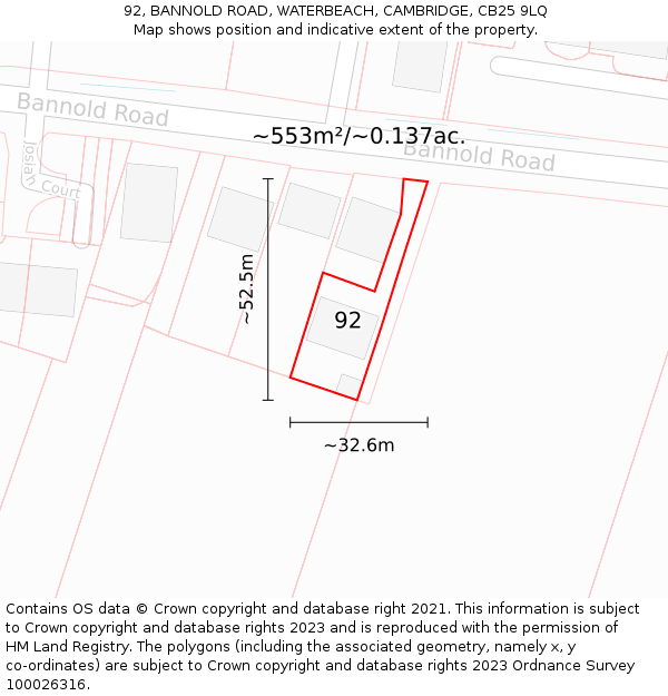 92, BANNOLD ROAD, WATERBEACH, CAMBRIDGE, CB25 9LQ: Plot and title map