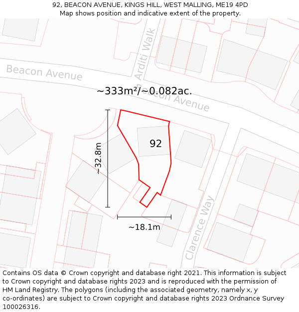 92, BEACON AVENUE, KINGS HILL, WEST MALLING, ME19 4PD: Plot and title map