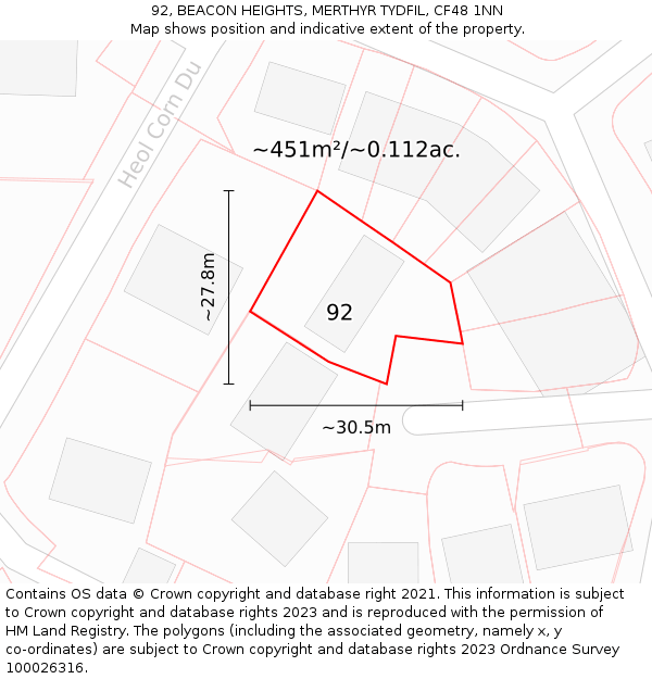 92, BEACON HEIGHTS, MERTHYR TYDFIL, CF48 1NN: Plot and title map