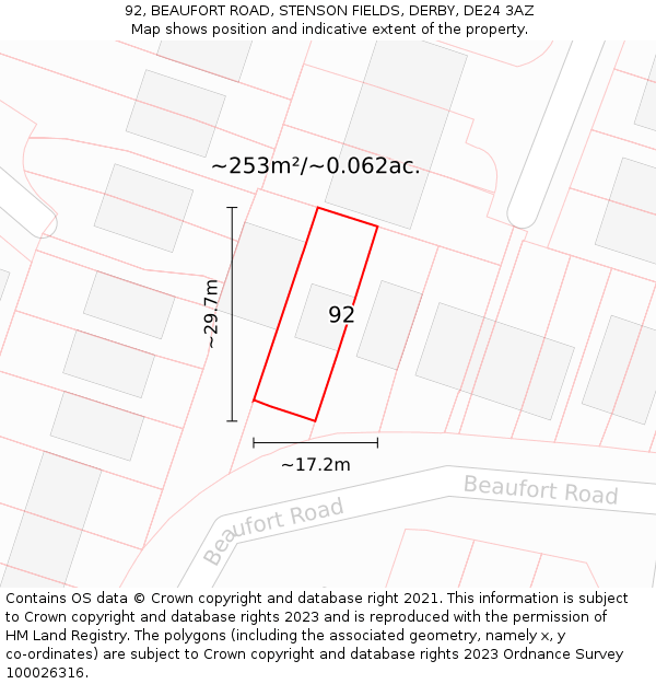 92, BEAUFORT ROAD, STENSON FIELDS, DERBY, DE24 3AZ: Plot and title map