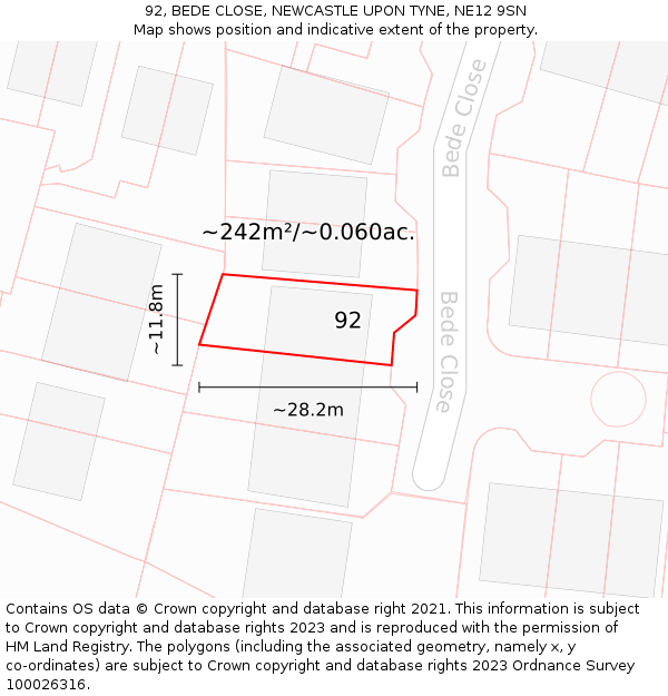 92, BEDE CLOSE, NEWCASTLE UPON TYNE, NE12 9SN: Plot and title map