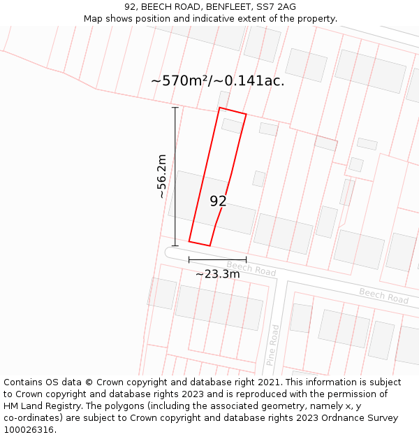92, BEECH ROAD, BENFLEET, SS7 2AG: Plot and title map