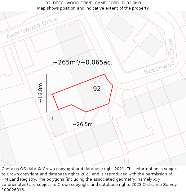 92, BEECHWOOD DRIVE, CAMELFORD, PL32 9NB: Plot and title map