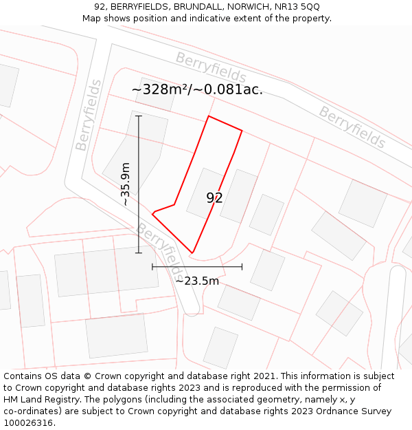 92, BERRYFIELDS, BRUNDALL, NORWICH, NR13 5QQ: Plot and title map