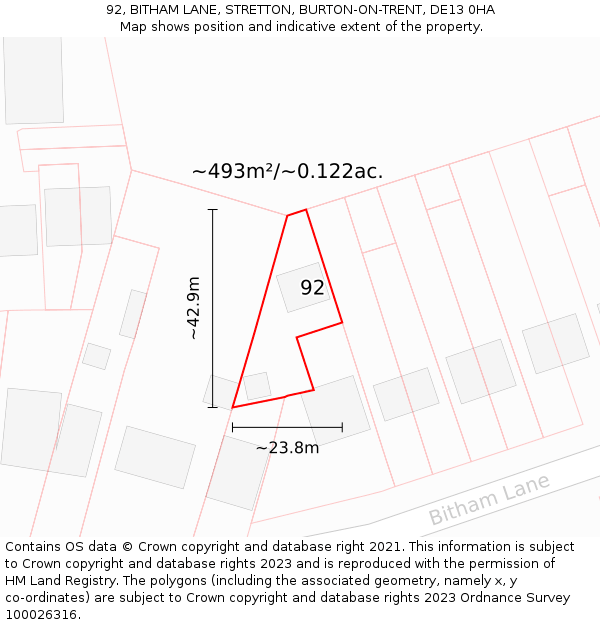 92, BITHAM LANE, STRETTON, BURTON-ON-TRENT, DE13 0HA: Plot and title map