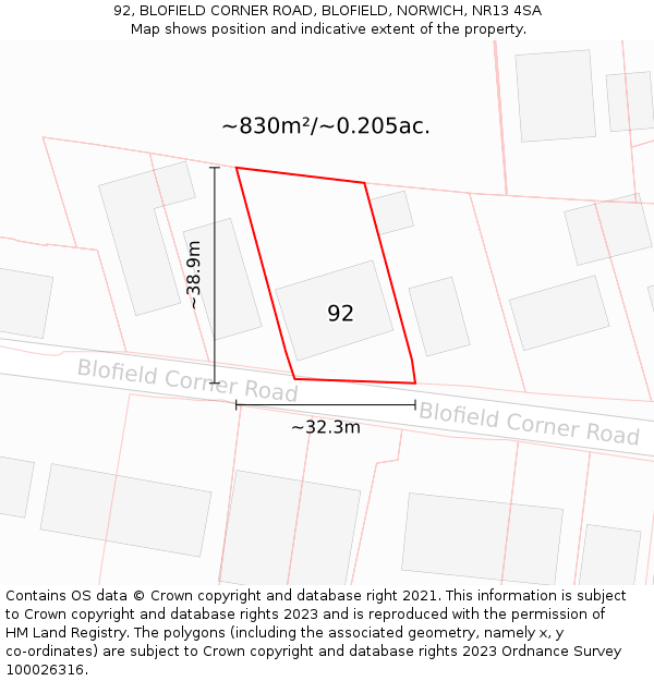 92, BLOFIELD CORNER ROAD, BLOFIELD, NORWICH, NR13 4SA: Plot and title map