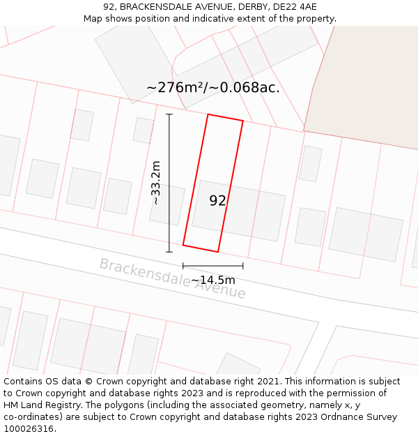 92, BRACKENSDALE AVENUE, DERBY, DE22 4AE: Plot and title map