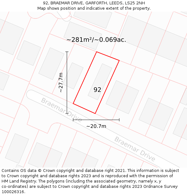 92, BRAEMAR DRIVE, GARFORTH, LEEDS, LS25 2NH: Plot and title map