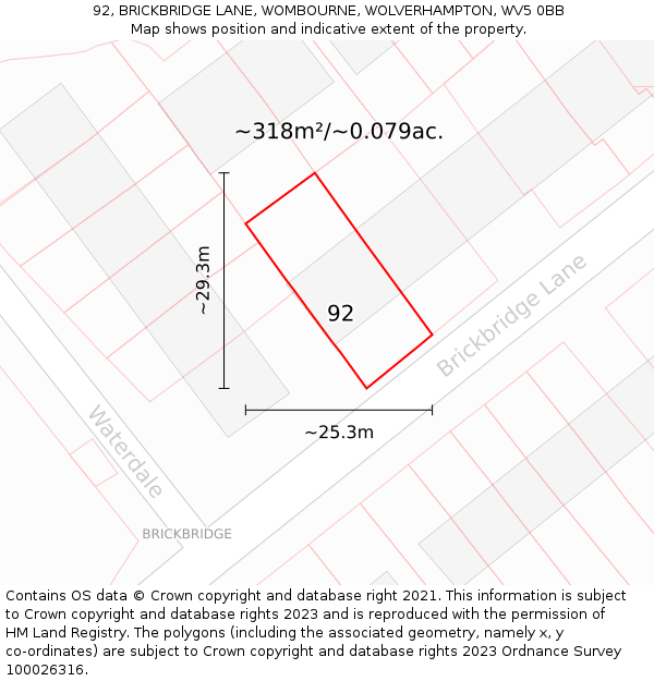 92, BRICKBRIDGE LANE, WOMBOURNE, WOLVERHAMPTON, WV5 0BB: Plot and title map