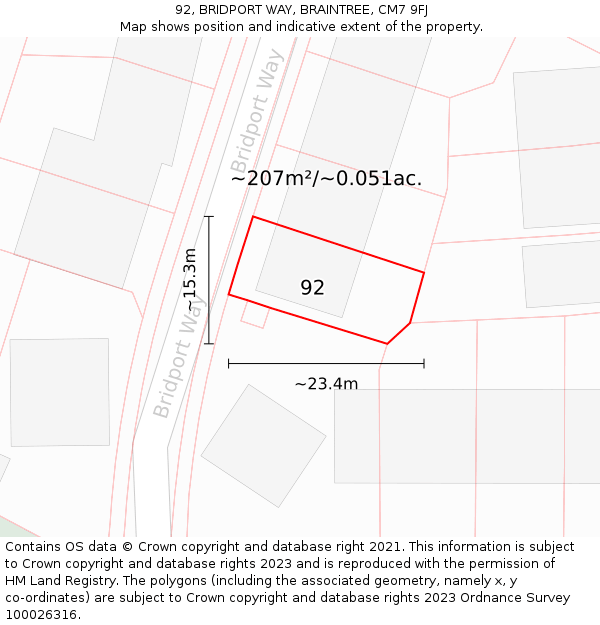 92, BRIDPORT WAY, BRAINTREE, CM7 9FJ: Plot and title map