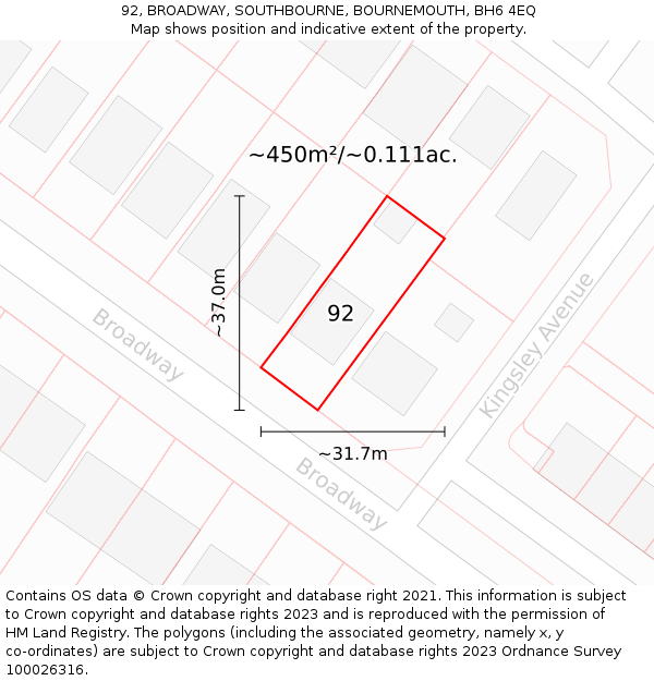 92, BROADWAY, SOUTHBOURNE, BOURNEMOUTH, BH6 4EQ: Plot and title map