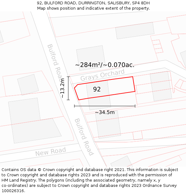 92, BULFORD ROAD, DURRINGTON, SALISBURY, SP4 8DH: Plot and title map