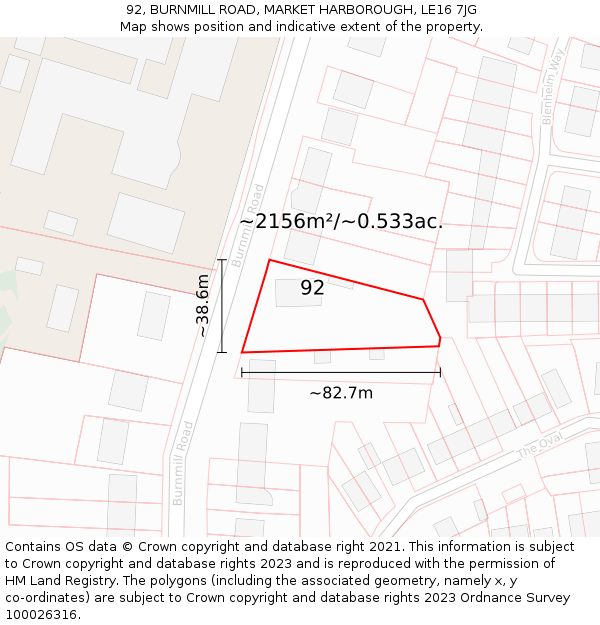 92, BURNMILL ROAD, MARKET HARBOROUGH, LE16 7JG: Plot and title map