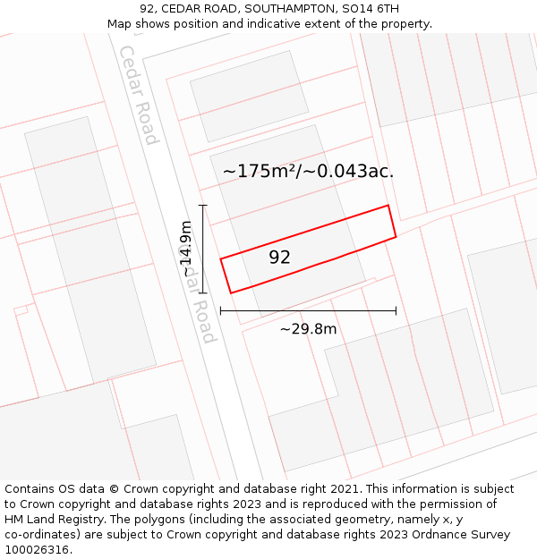 92, CEDAR ROAD, SOUTHAMPTON, SO14 6TH: Plot and title map