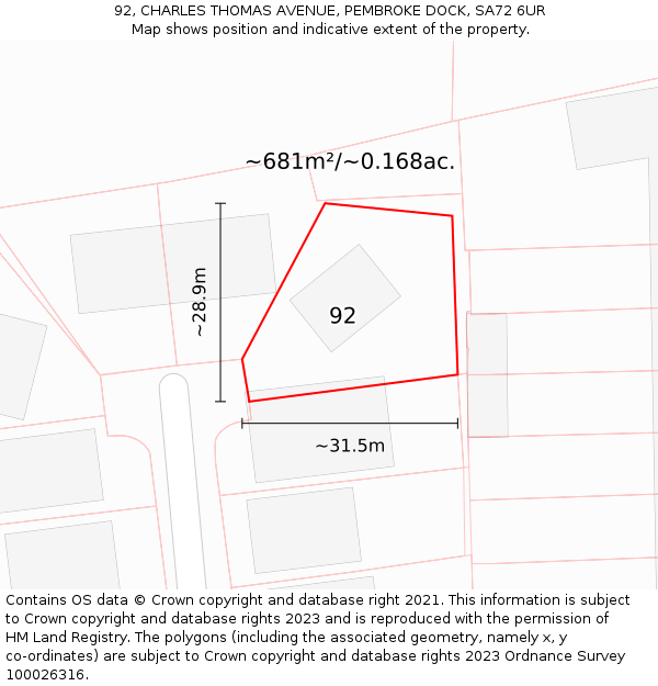 92, CHARLES THOMAS AVENUE, PEMBROKE DOCK, SA72 6UR: Plot and title map
