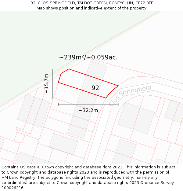 92, CLOS SPRINGFIELD, TALBOT GREEN, PONTYCLUN, CF72 8FE: Plot and title map