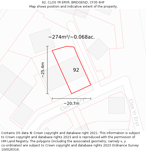 92, CLOS YR ERYR, BRIDGEND, CF35 6HF: Plot and title map