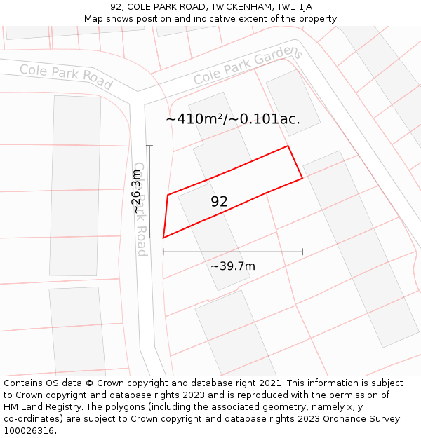 92, COLE PARK ROAD, TWICKENHAM, TW1 1JA: Plot and title map