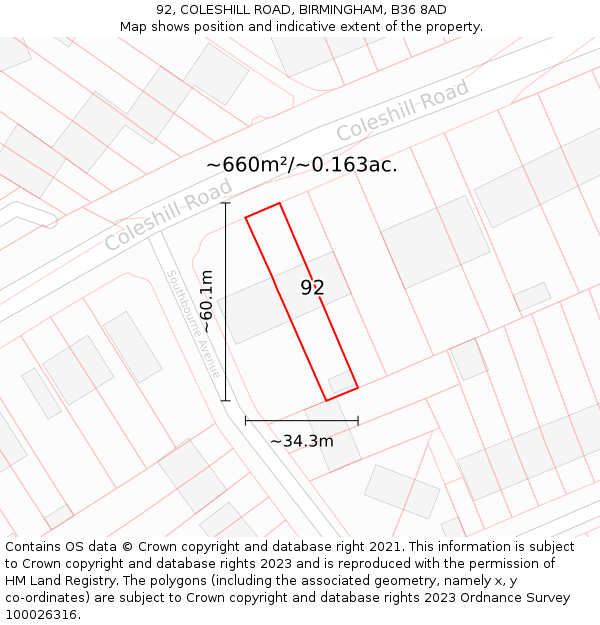 92, COLESHILL ROAD, BIRMINGHAM, B36 8AD: Plot and title map