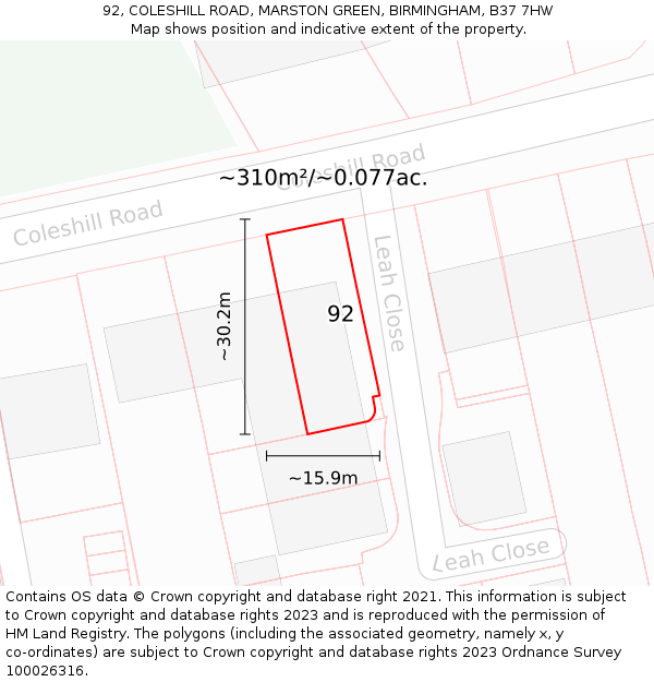92, COLESHILL ROAD, MARSTON GREEN, BIRMINGHAM, B37 7HW: Plot and title map