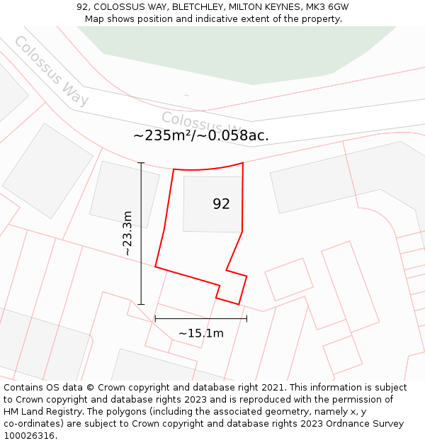 92, COLOSSUS WAY, BLETCHLEY, MILTON KEYNES, MK3 6GW: Plot and title map