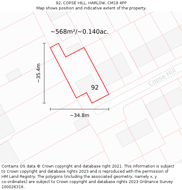 92, COPSE HILL, HARLOW, CM19 4PP: Plot and title map