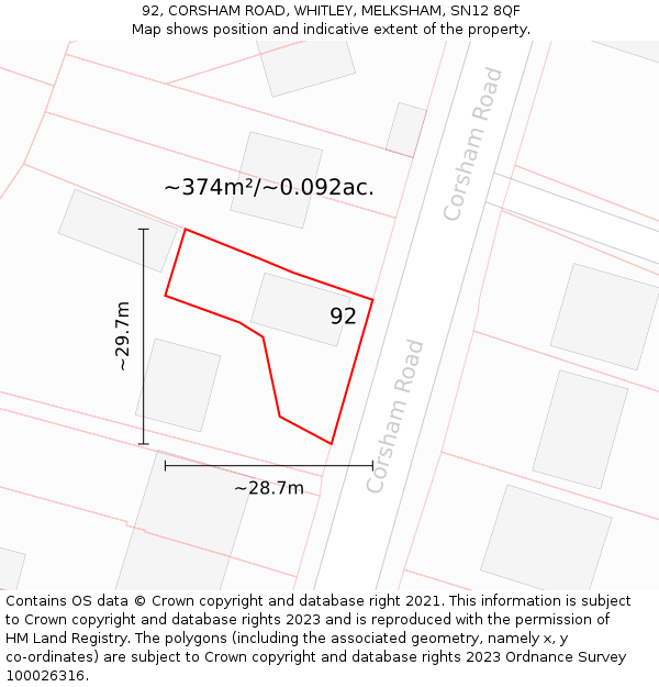92, CORSHAM ROAD, WHITLEY, MELKSHAM, SN12 8QF: Plot and title map