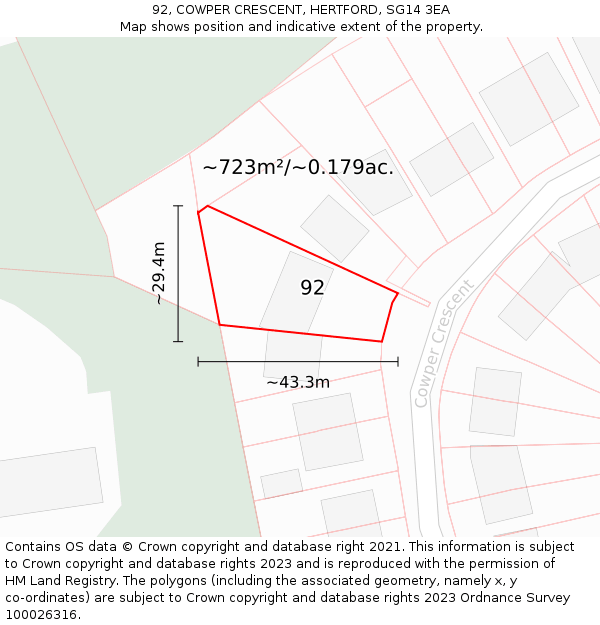 92, COWPER CRESCENT, HERTFORD, SG14 3EA: Plot and title map
