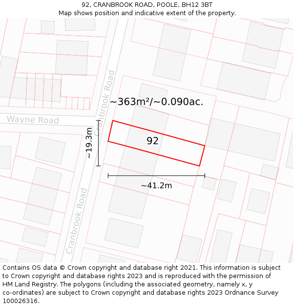 92, CRANBROOK ROAD, POOLE, BH12 3BT: Plot and title map