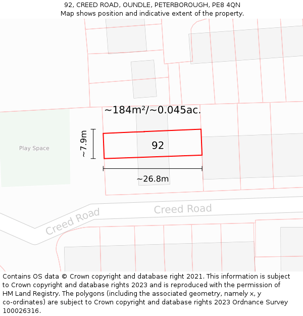 92, CREED ROAD, OUNDLE, PETERBOROUGH, PE8 4QN: Plot and title map