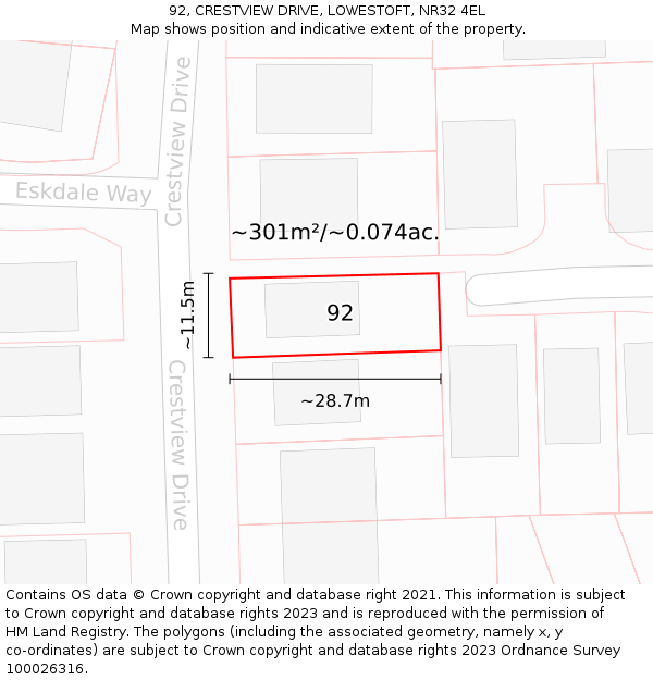 92, CRESTVIEW DRIVE, LOWESTOFT, NR32 4EL: Plot and title map