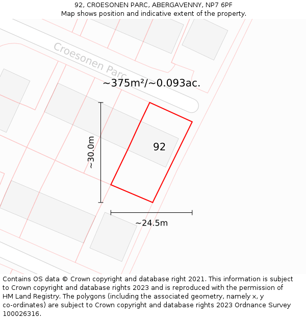 92, CROESONEN PARC, ABERGAVENNY, NP7 6PF: Plot and title map