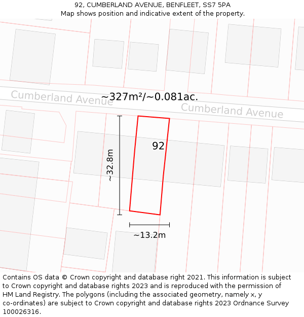 92, CUMBERLAND AVENUE, BENFLEET, SS7 5PA: Plot and title map