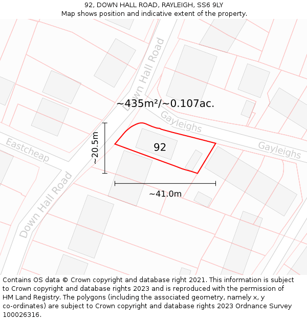 92, DOWN HALL ROAD, RAYLEIGH, SS6 9LY: Plot and title map